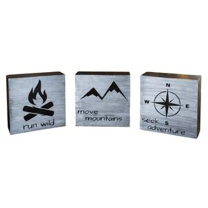 Rustic Wood Block Sign Set Campfire Mountains Compass Home Decor
